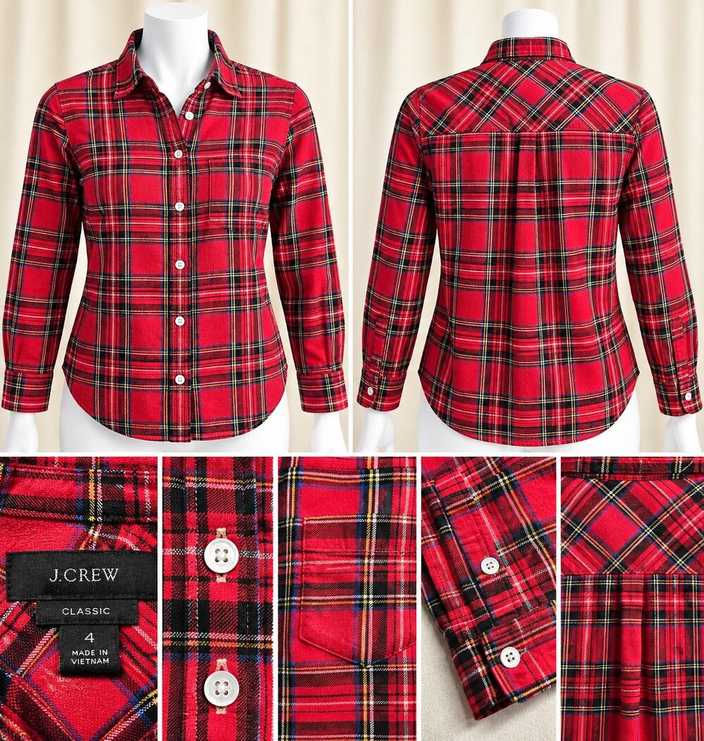 J.Crew Size 4 Red Tartan Plaid Flannel Shirt Cozycore Preppy Academia Cabincore